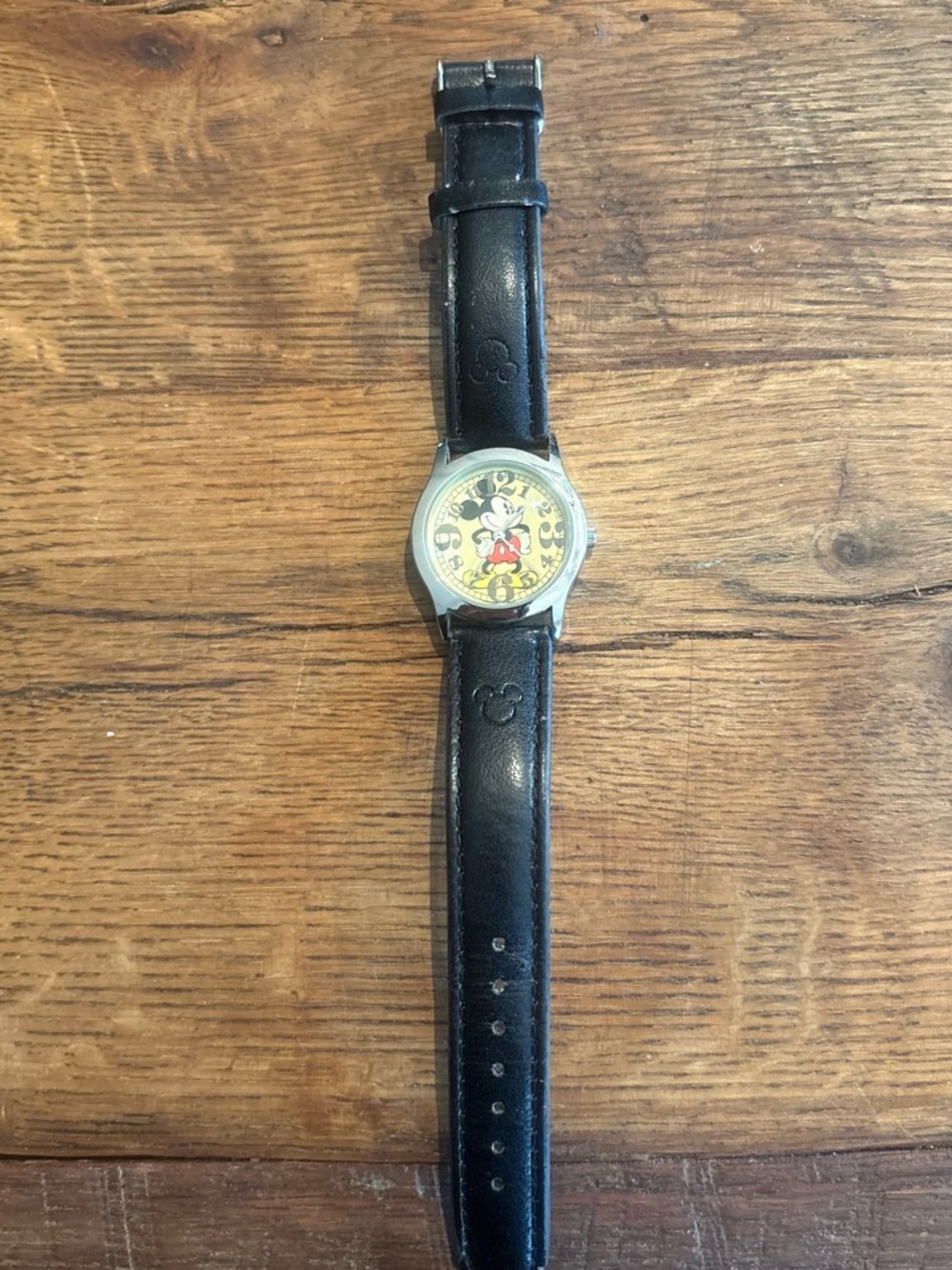Disney Black Leather Strap Mickey Mouse Watch with Yellow Dial